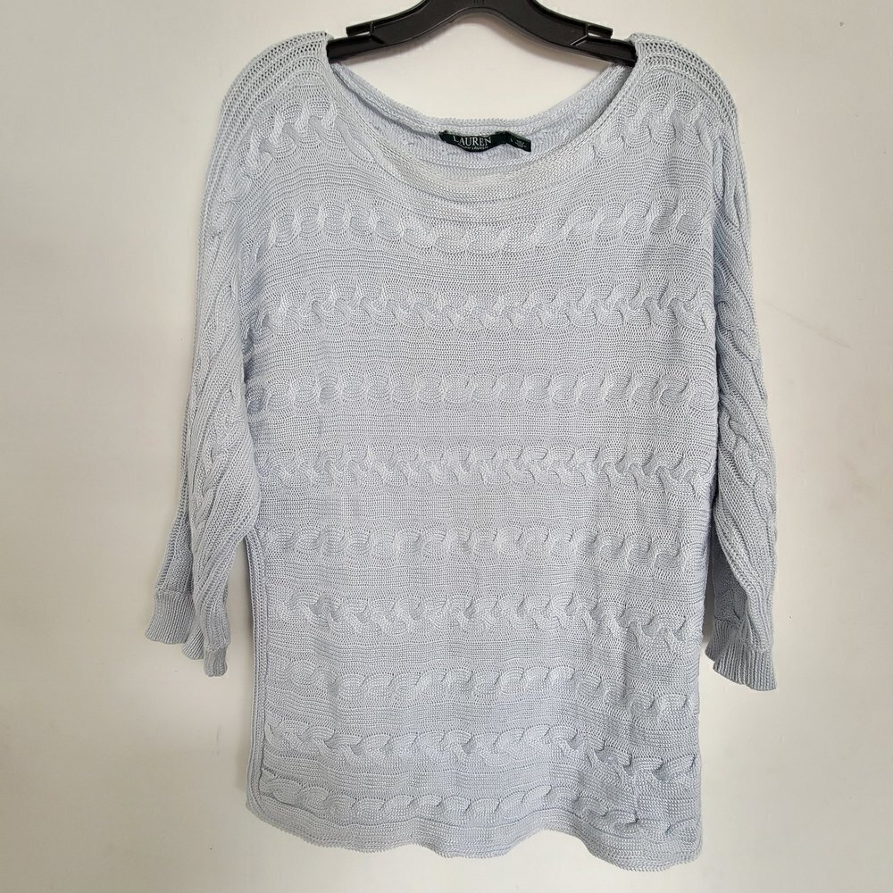 Lauren Ralph Lauren Cable Knit Light Baby Blue 3/4 Sleeve Cotton Sweater Large